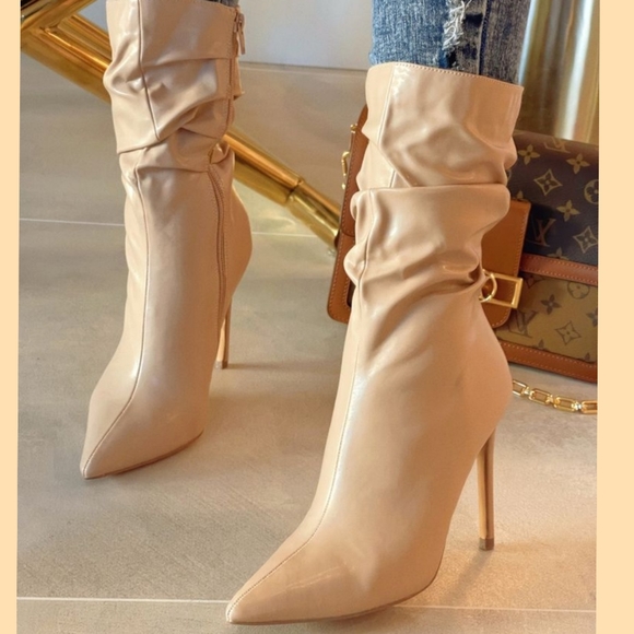 ❤Just In ❤Pointed Toe Pu Short Boots High Heel Ankle slouchy Booties Nud… - Picture 3 of 4